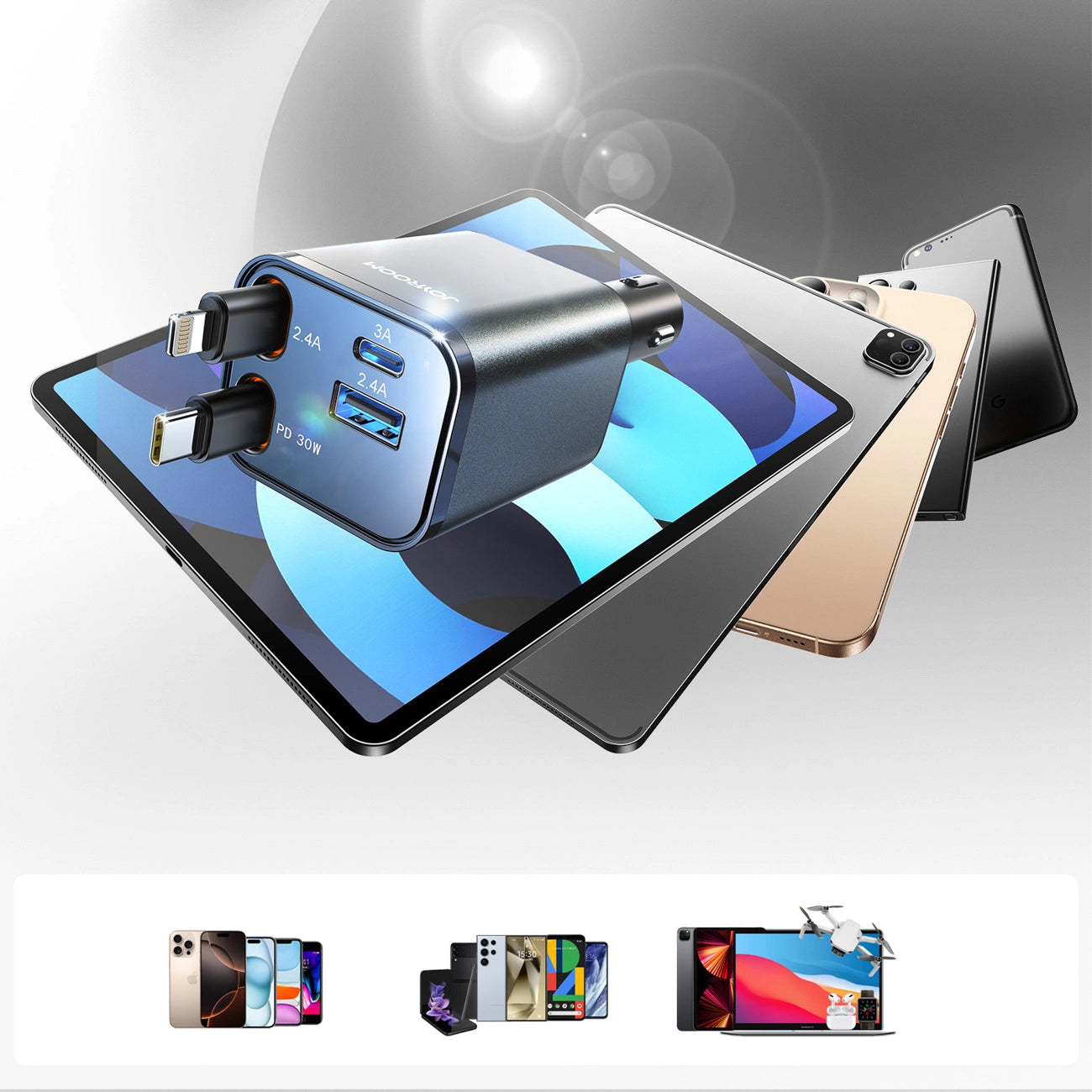 Auto punjač sa USB-C / Lightning kablom Joyroom JR-CCL05, 30W, 3A, 1 x USB-A - 1 x USB-C, Sivi