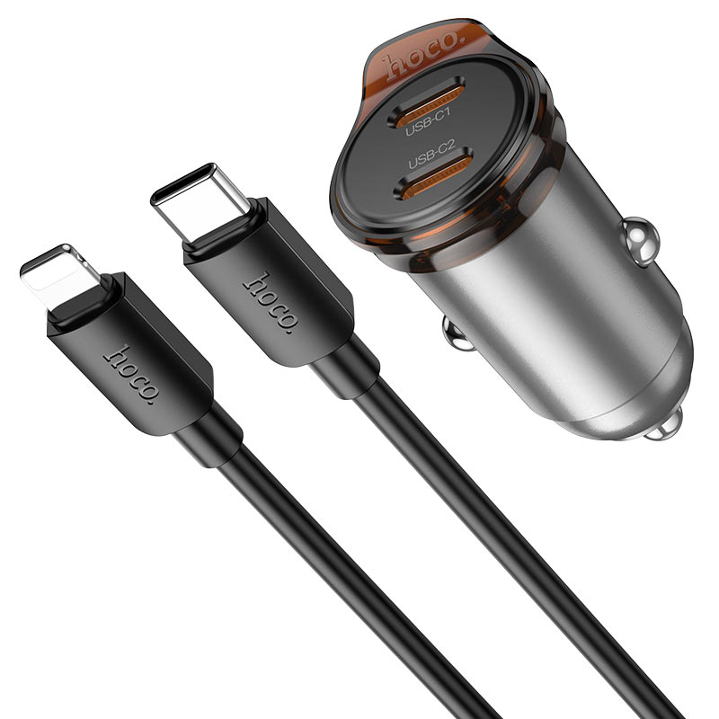 Auto punjač sa Lightning kablom HOCO NZ16B, 45W, 3A, 2 x USB-C, Sivi