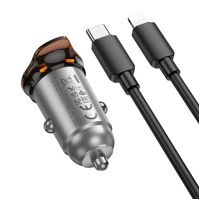 Auto punjač sa Lightning kablom HOCO NZ16, 30W, 3A, 1 x USB-C, Sivi