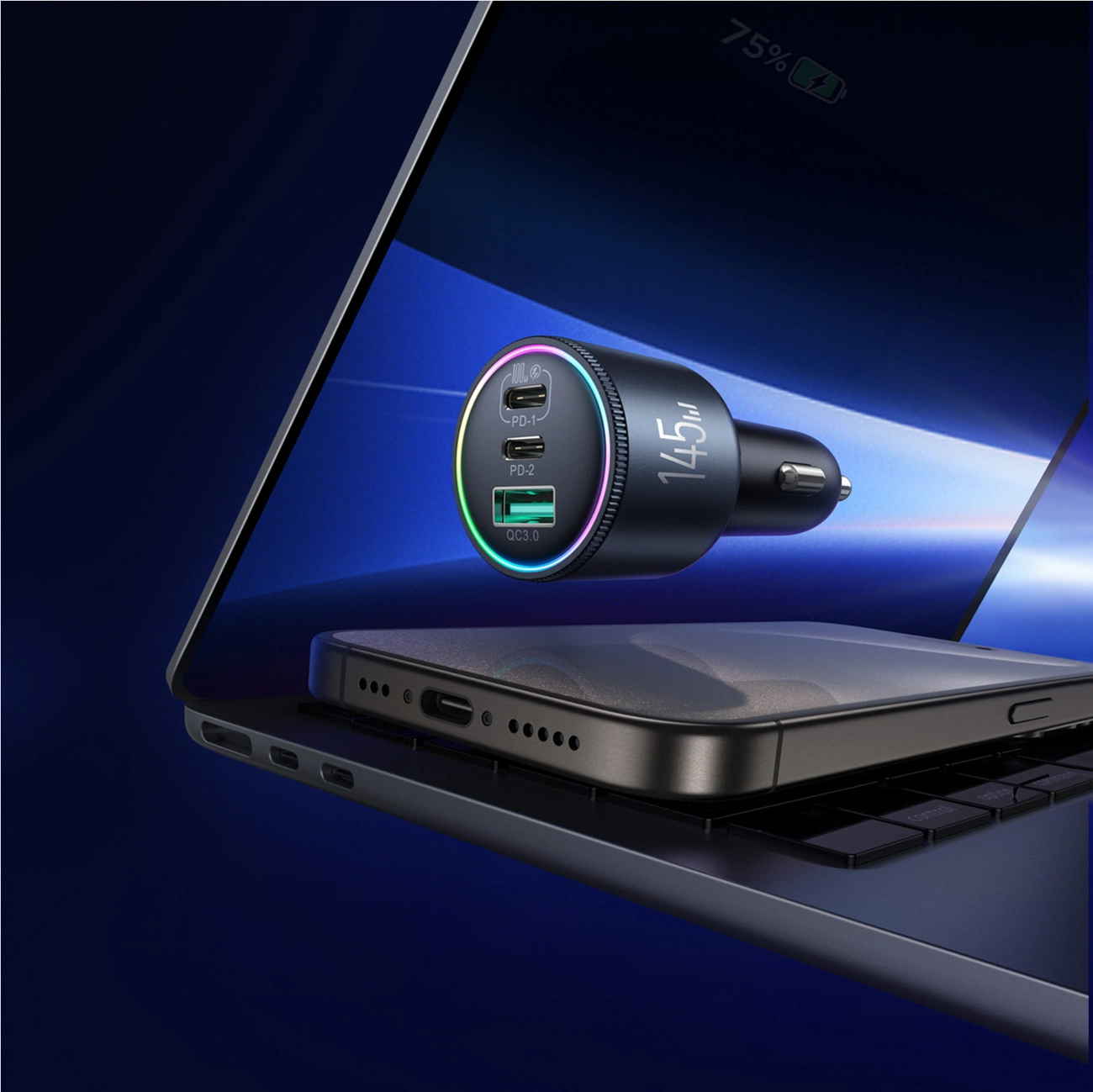 Auto punjač sa USB-C kablom Joyroom JR-CCN07, 145W, 5A, 1 x USB-A - 2 x USB-C, Sivi
