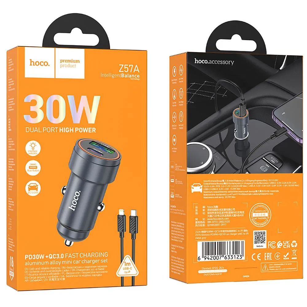 Auto punjač sa Lightning kablom HOCO Z57A, 30W, 3A, 1 x USB-A - 1 x USB-C, Sivi