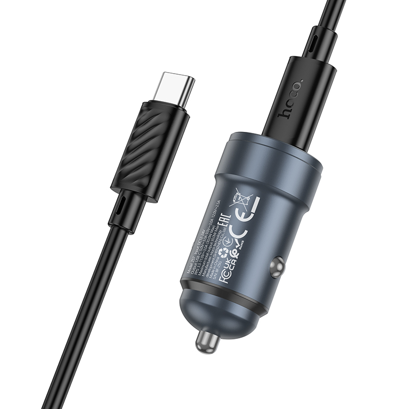 Auto punjač sa USB-C kablom HOCO Z57, 30W, 3A, 1 x USB-C, Siva