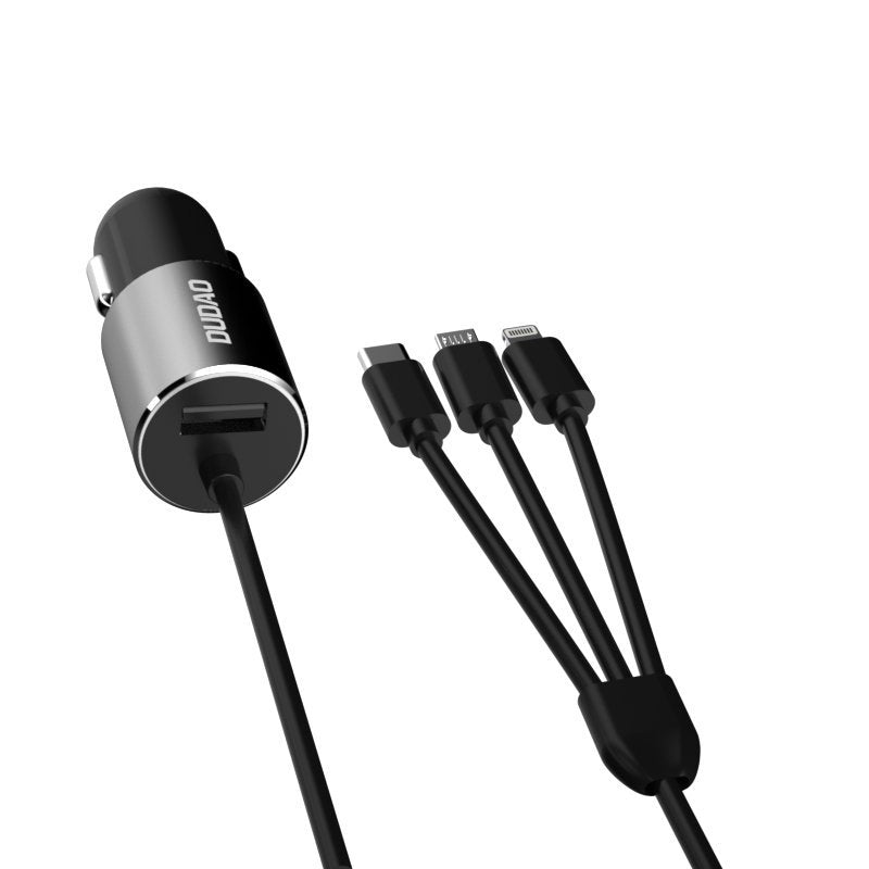 Auto punjač sa kablom Lightning / microUSB / USB-C Dudao R5ProN, 17W, 3.4A, 1 x USB-A, Crna