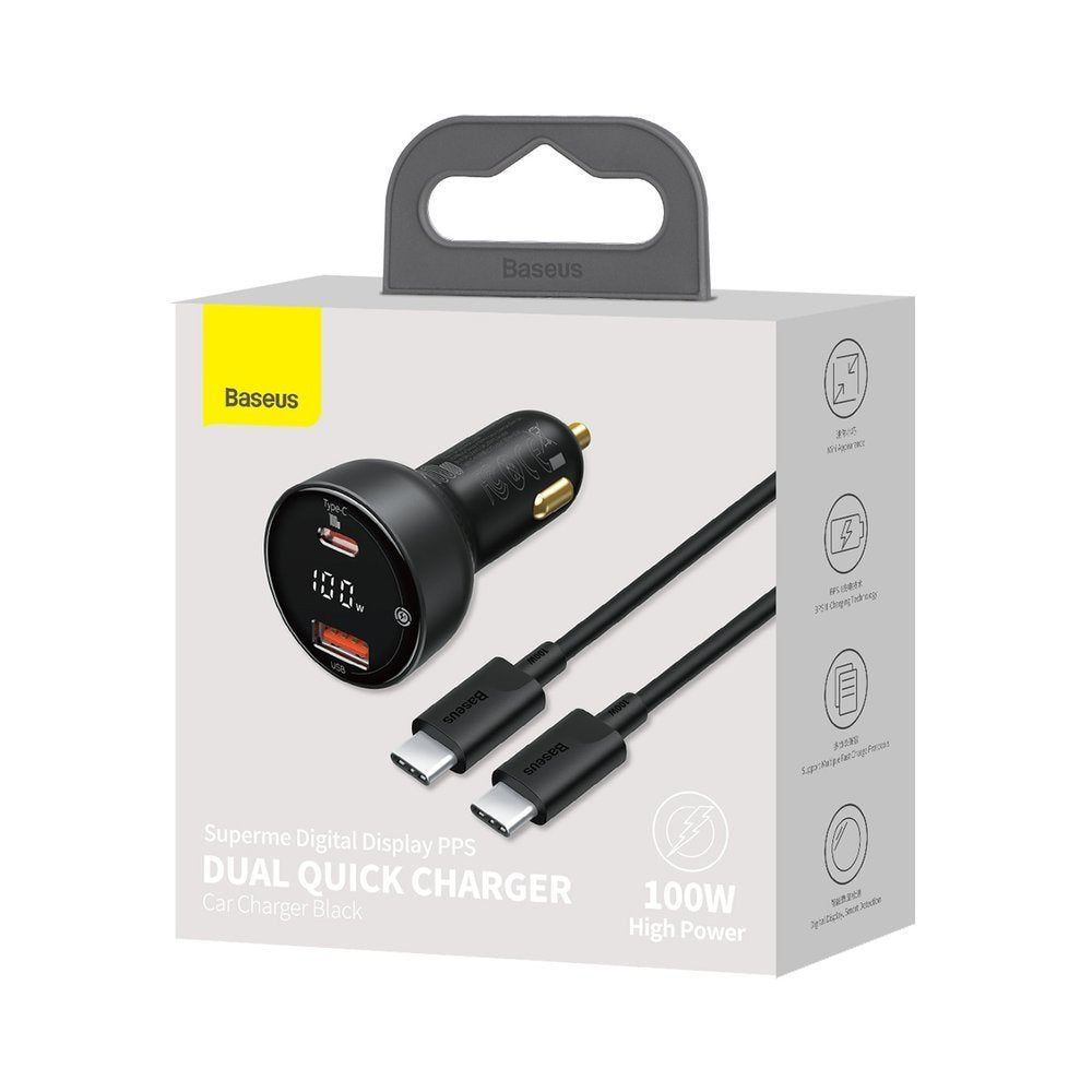 Auto punjač sa USB-C kablom Baseus Superme, 100W, 5A, 1 x USB-A - 1 x USB-C, Crni TZCCZX-01
