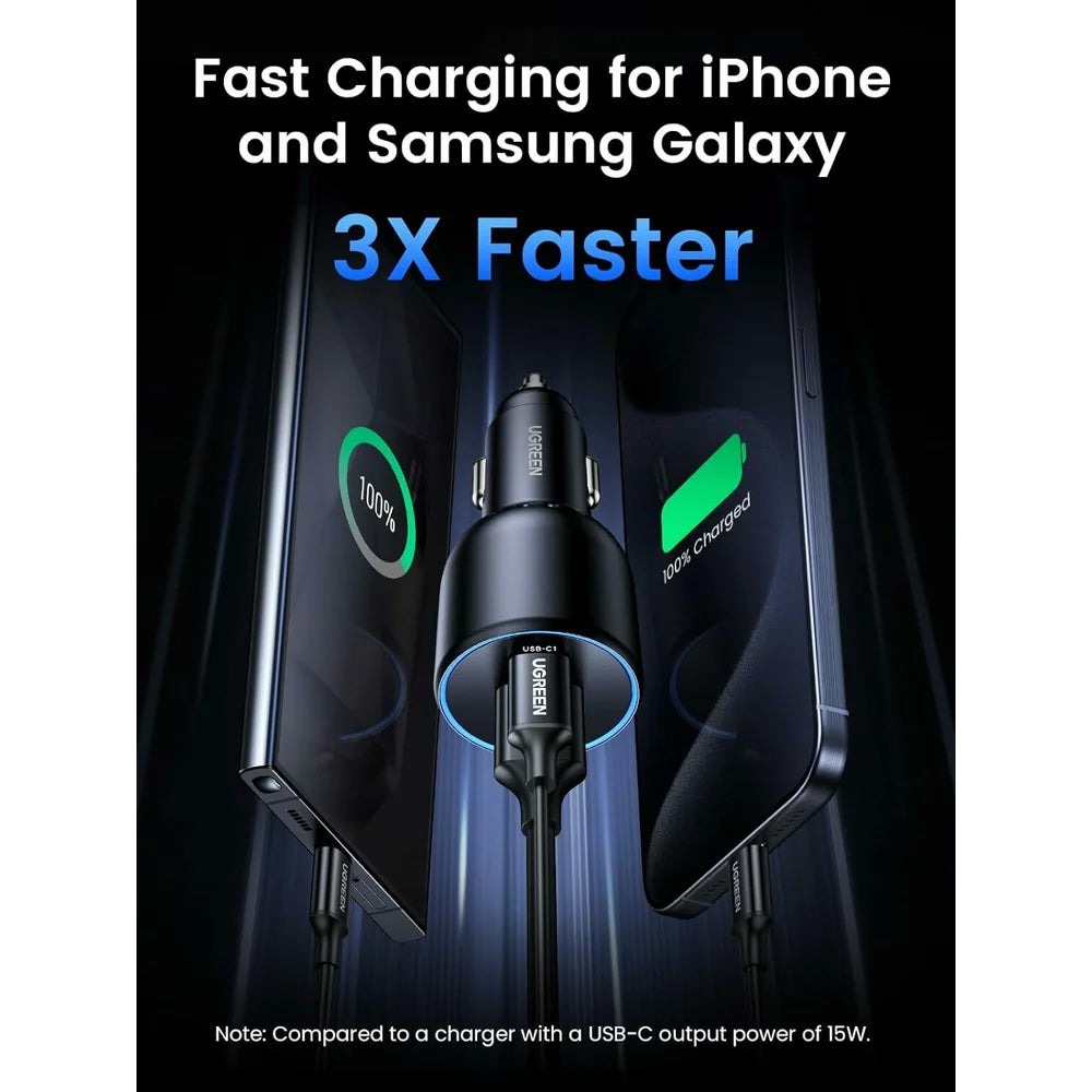 Auto punjač sa USB-C kablom UGREEN CD293, 130W, 5A, 1 x USB-A - 2 x USB-C, Crni