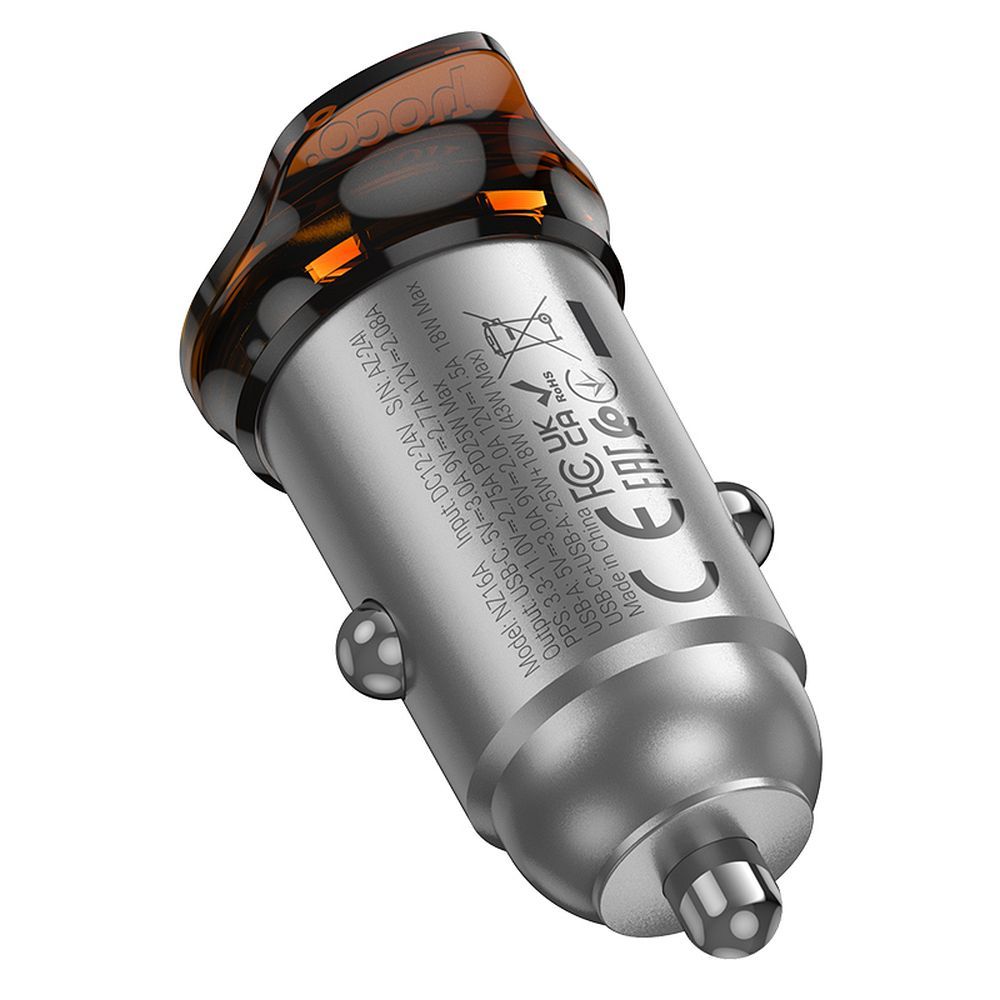 Auto punjač sa Lightning kablom HOCO NZ16A, 43W, 3A, 1 x USB-A - 1 x USB-C, Sivi