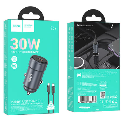 Auto punjač sa Lightning kablom HOCO Z57, 30W, 3A, 1 x USB-C, Sivi