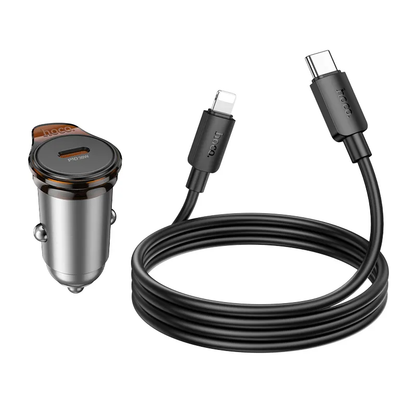 Auto punjač sa Lightning kablom HOCO NZ16, 30W, 3A, 1 x USB-C, Sivi