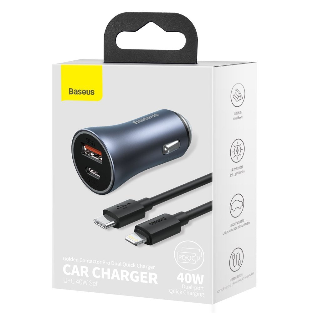 Auto punjač s Lightning kabelom Baseus Golden Contactor, 40W, 3A, 1 x USB-A - 1 x USB-C, Sivi TZCCJD-B0G