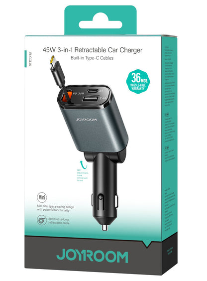 Auto punjač sa USB-C kablom Joyroom JR-CCL07, 30W, 3A, 1 x USB-A - 1 x USB-C, Sivi