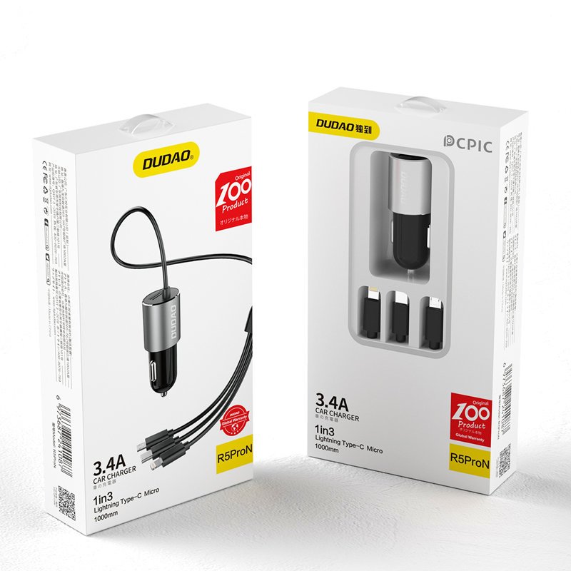 Auto punjač sa kablom Lightning / microUSB / USB-C Dudao R5ProN, 17W, 3.4A, 1 x USB-A, Crna