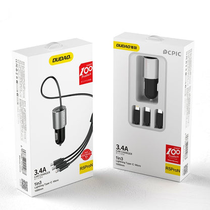 Auto punjač sa kablom Lightning / microUSB / USB-C Dudao R5ProN, 17W, 3.4A, 1 x USB-A, Crna