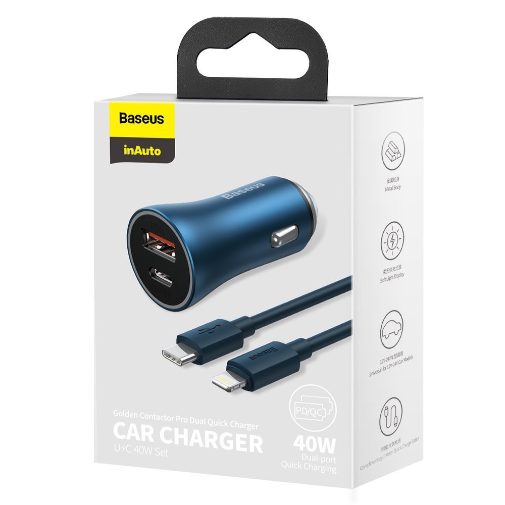 Auto punjač s Lightning kabelom Baseus Golden Contactor, 40W, 3A, 1 x USB-A - 1 x USB-C, tamnoplavi TZCCJD-03