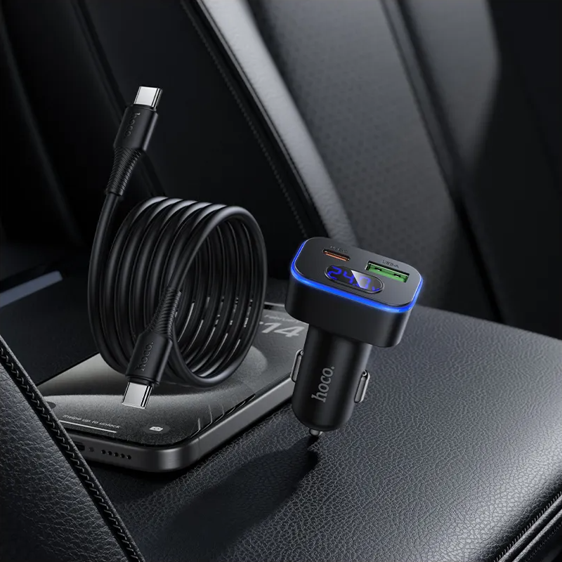 Auto punjač sa USB-C kablom HOCO Z63B Display, 48W, 3A, 1 x USB-A - 1 x USB-C, Crni
