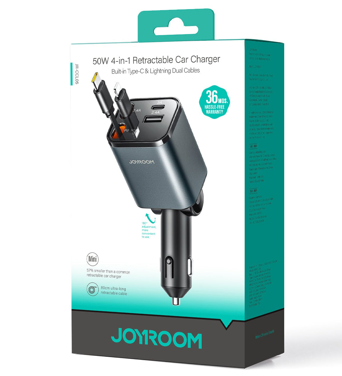 Auto punjač sa USB-C / Lightning kablom Joyroom JR-CCL05, 30W, 3A, 1 x USB-A - 1 x USB-C, Sivi
