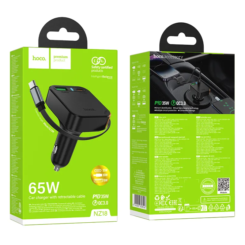 Auto punjač sa USB-C kablom HOCO NZ18, 65W, 3A, 1 x USB-A - 1 x USB-C, Crni