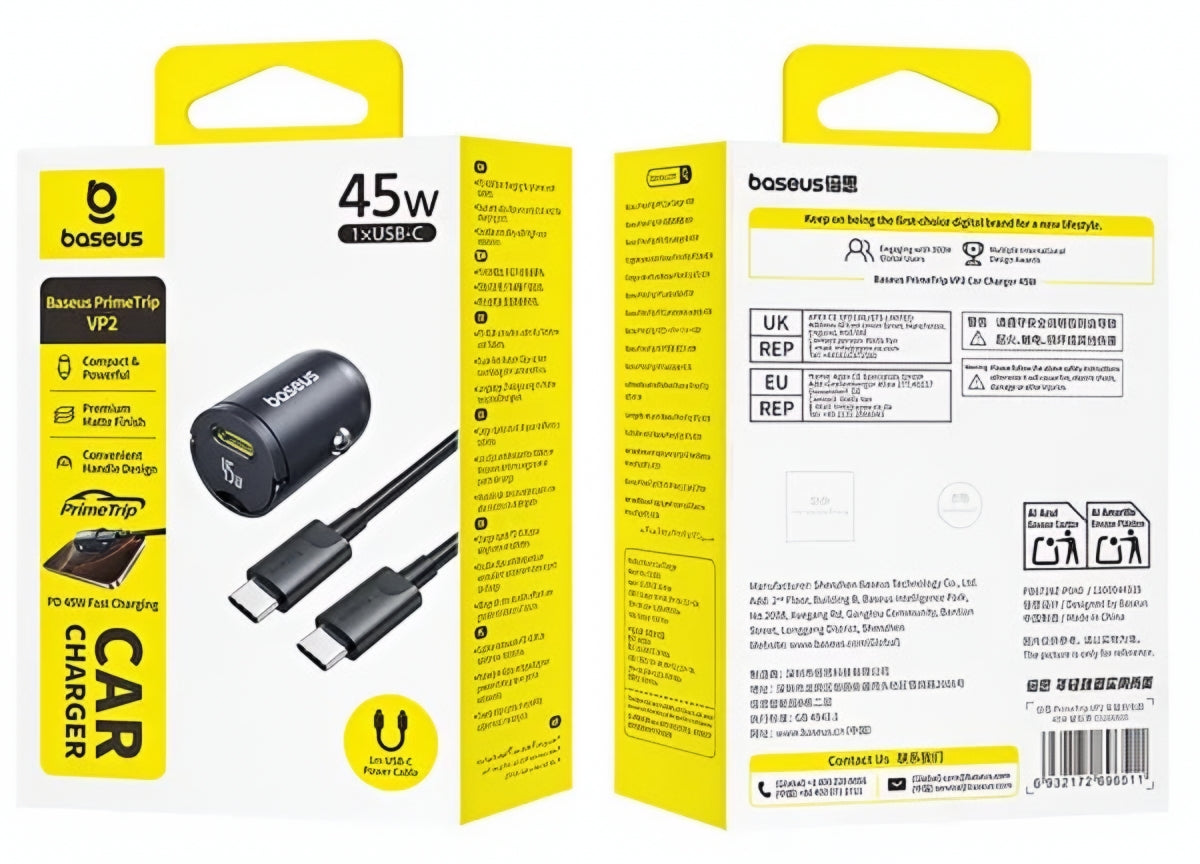 Auto punjač sa USB-C kablom Baseus PrimeTrip VP2, 45W, 3A, 1 x USB-C, Crni C0206800