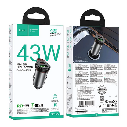 Auto punjač sa USB-C kablom HOCO NZ16A, 43W, 3A, 1 x USB-A - 1 x USB-C, Sivi