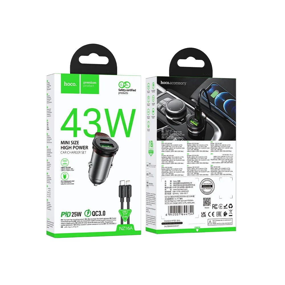 Auto punjač sa Lightning kablom HOCO NZ16A, 43W, 3A, 1 x USB-A - 1 x USB-C, Sivi