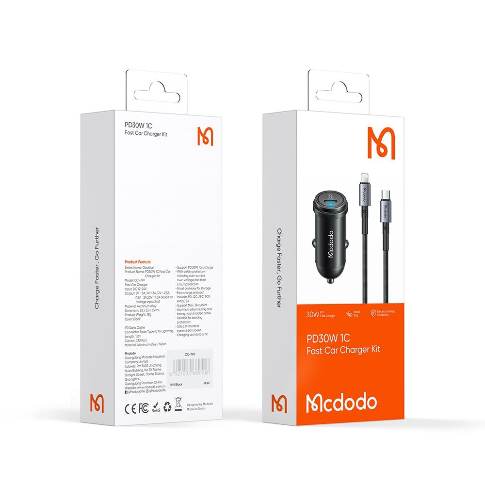 Auto punjač sa Lightning kablom McDodo CC-7492 Obsidian, 30W, 3A, 1 x USB-C, Crni
