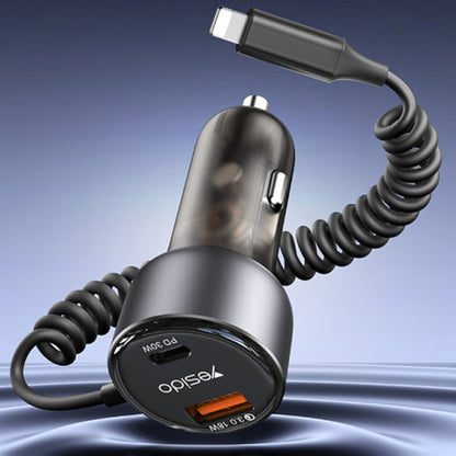 Auto punjač sa Lightning kablom Yesido Y57, 50W, 3A, 1 x USB-A - 1 x USB-C, Crni