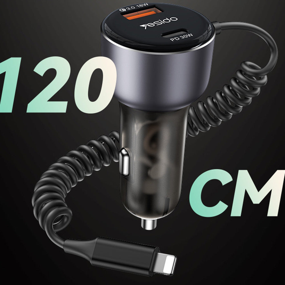 Auto punjač sa Lightning kablom Yesido Y57, 50W, 3A, 1 x USB-A - 1 x USB-C, Crni