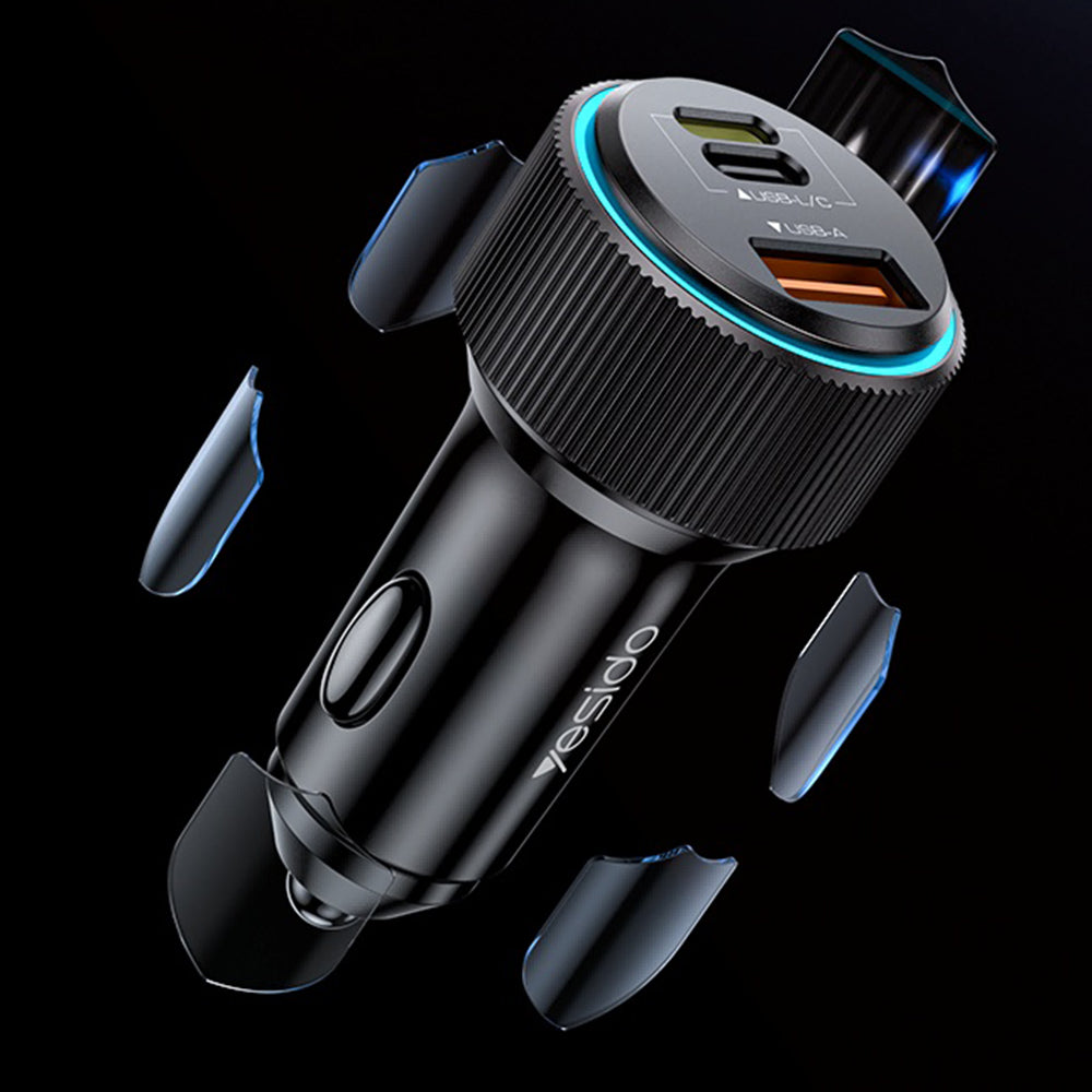 Auto punjač sa Lightning kablom Yesido Y60, 38W, 3A, 1 x USB-A - 2 x USB-C, Crni