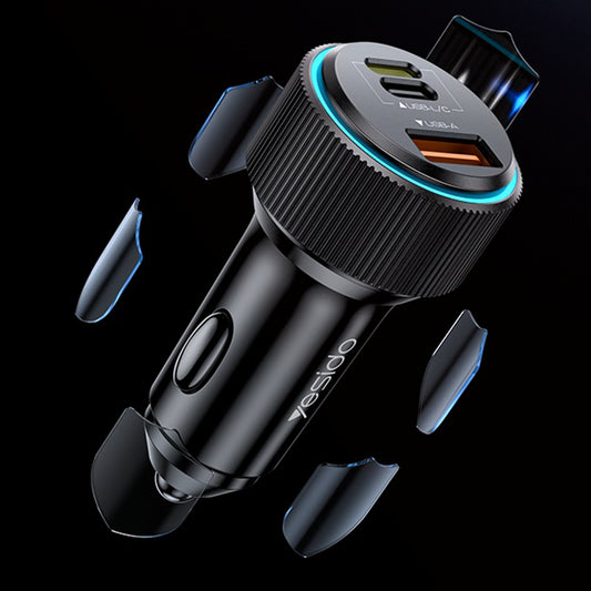 Auto punjač sa Lightning kablom Yesido Y60, 38W, 3A, 1 x USB-A - 2 x USB-C, Crni