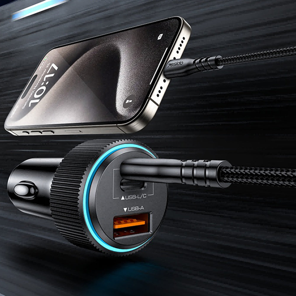 Auto punjač sa Lightning kablom Yesido Y60, 38W, 3A, 1 x USB-A - 2 x USB-C, Crni