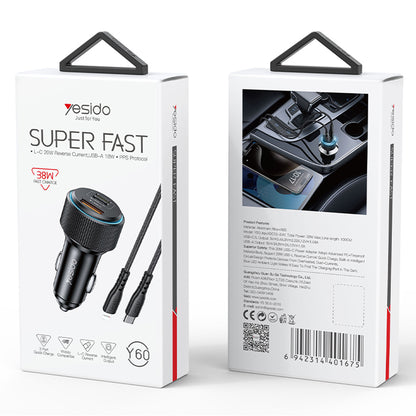 Auto punjač sa Lightning kablom Yesido Y60, 38W, 3A, 1 x USB-A - 2 x USB-C, Crni