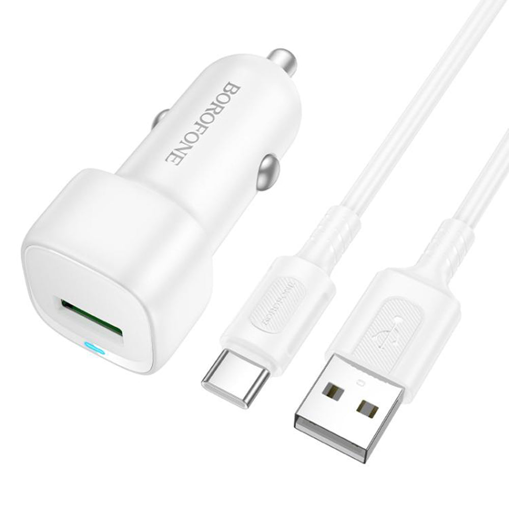 Auto punjač sa USB-C kablom Borofone BZ34 Cloud, 18W, 3A, 1 x USB-A, Beli