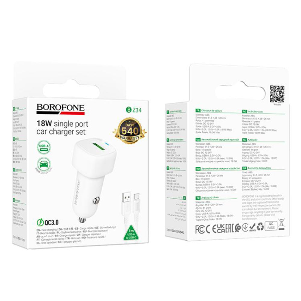 Auto punjač sa USB-C kablom Borofone BZ34 Cloud, 18W, 3A, 1 x USB-A, Beli