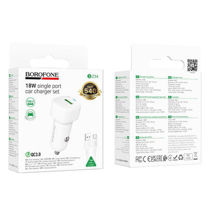 Auto punjač sa USB-C kablom Borofone BZ34 Cloud, 18W, 3A, 1 x USB-A, Beli