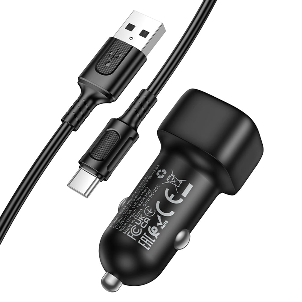 Auto punjač sa USB-C kablom Borofone BZ34 Cloud, 18W, 3A, 1 x USB-A, Crni