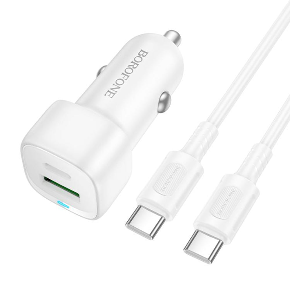 Auto punjač sa USB-C kablom Borofone BZ34B Cloud, 20W, 3A, 1 x USB-A - 1 x USB-C, Beli