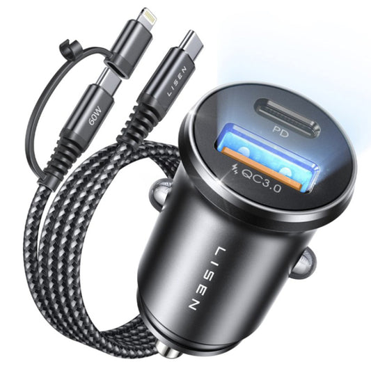 Auto punjač sa USB-C / Lightning kablom Lisen, 48W, 3A, 1 x USB-A - 1 x USB-C, Crni YL0223080035