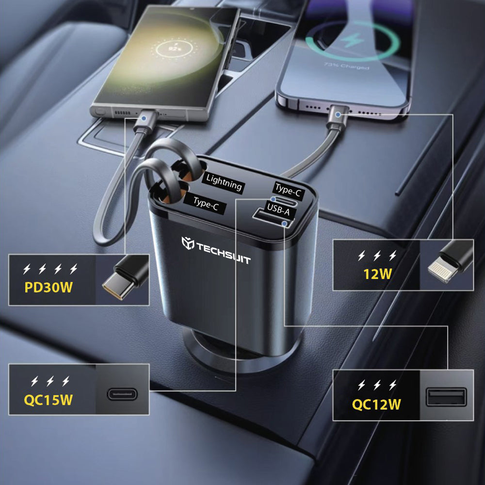 Auto punjač sa USB-C / Lightning kablom Techsuit C1 NanoVoltX, 69W, 3A, 1 x USB-A - 1 x USB-C, Sivi