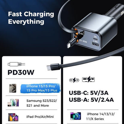 Auto punjač sa USB-C / Lightning kablom Techsuit C1 NanoVoltX, 69W, 3A, 1 x USB-A - 1 x USB-C, Sivi