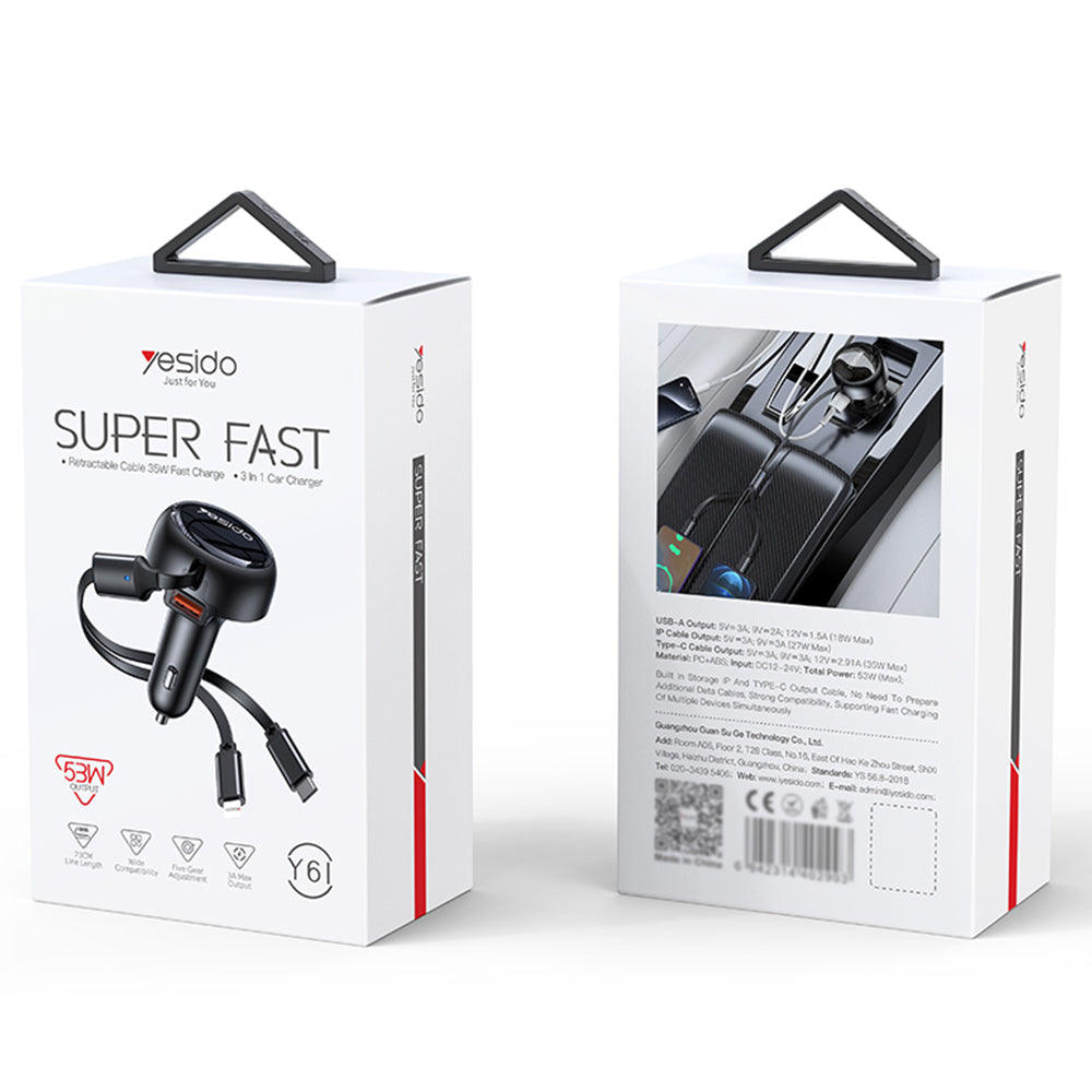 Auto punjač sa USB-C / Lightning kablom Yesido Y61, 53W, 3A, 1 x USB-A, Crni