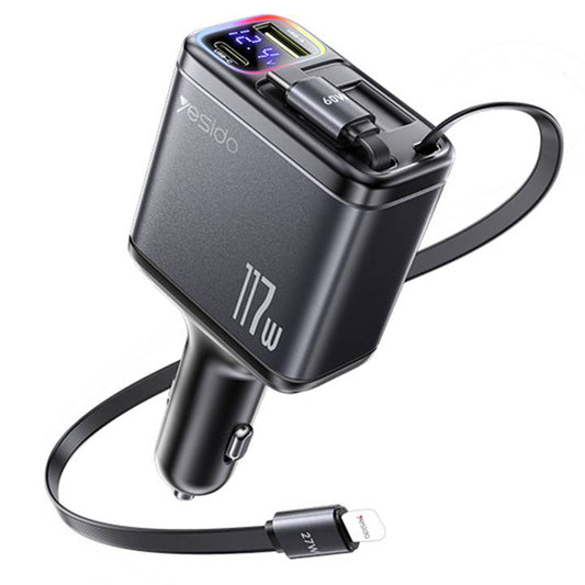 Auto punjač sa USB-C / Lightning kablom Yesido Y63 Display, 117W, 3A, 1 x USB-A - 1 x USB-C, Sivi