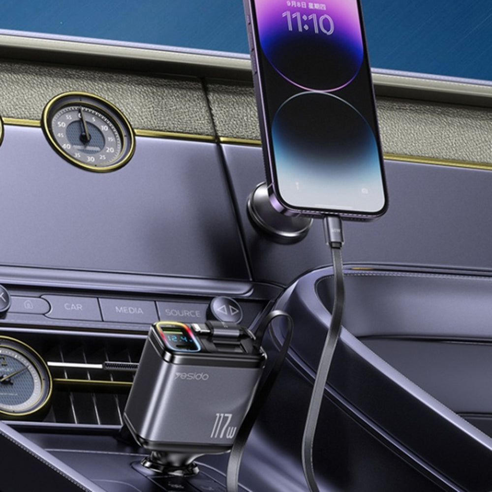 Auto punjač sa USB-C / Lightning kablom Yesido Y63 Display, 117W, 3A, 1 x USB-A - 1 x USB-C, Sivi