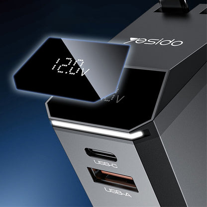 Auto punjač sa USB-C / Lightning kablom Yesido Y71 Display, 125W, 3A, 1 x USB-A - 1 x USB-C, Crni