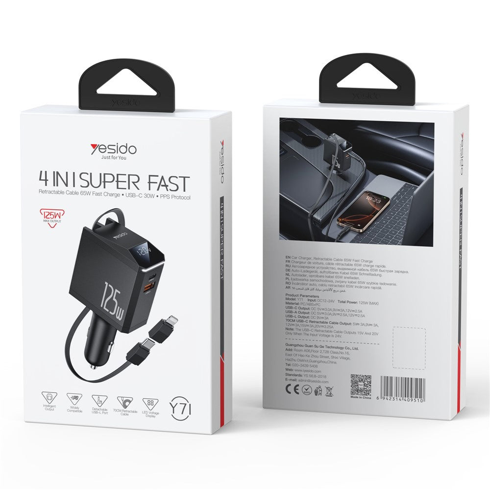 Auto punjač sa USB-C / Lightning kablom Yesido Y71 Display, 125W, 3A, 1 x USB-A - 1 x USB-C, Crni