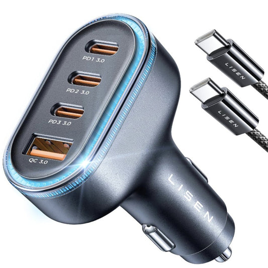 Auto punjač sa USB-C kablom Lisen, 101W, 3.25A, 1 x USB-A - 3 x USB-C, Crni YL0223120021