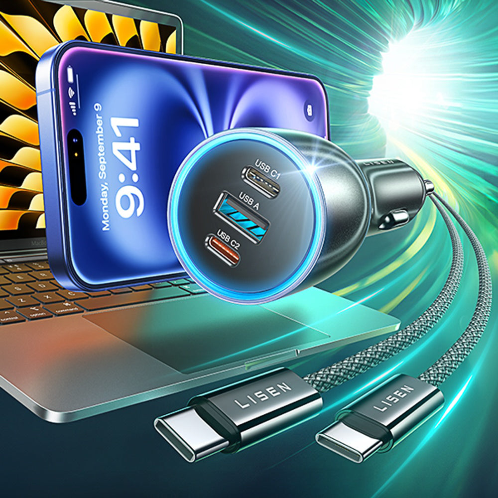 Auto punjač sa USB-C kablom Lisen, 170W, 5A, 1 x USB-A - 2 x USB-C, Crni YL0224010001
