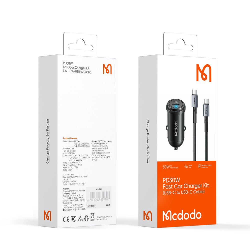 Auto punjač sa USB-C kablom McDodo CC-7493 Obsidian, 30W, 3A, 1 x USB-C, Crni