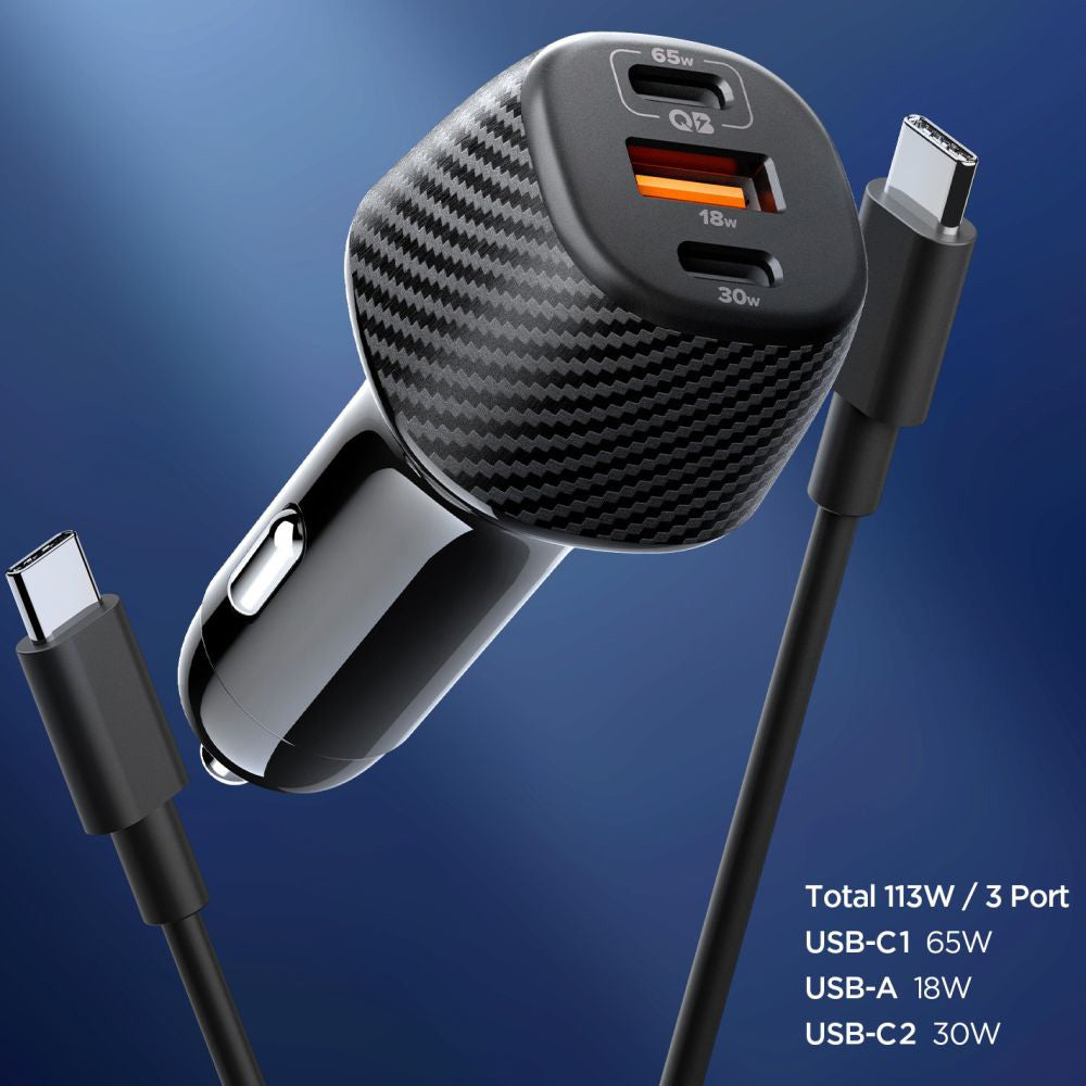 Auto punjač sa USB-C kablom Spigen EV1133, 113W, 3.25A, 1 x USB-A - 2 x USB-C, Crni