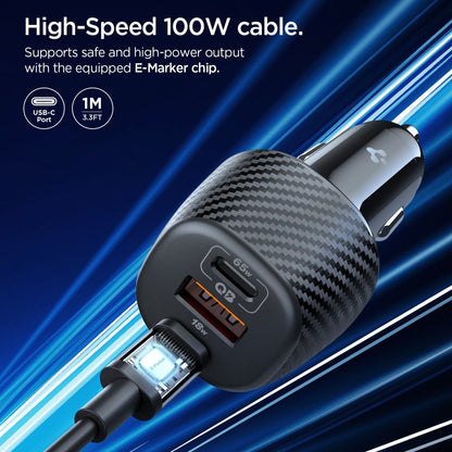 Auto punjač sa USB-C kablom Spigen EV1133, 113W, 3.25A, 1 x USB-A - 2 x USB-C, Crni