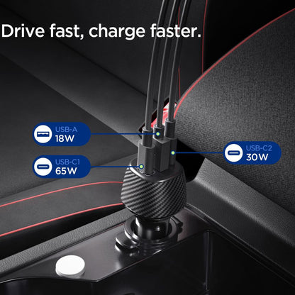 Auto punjač sa USB-C kablom Spigen EV1133, 113W, 3.25A, 1 x USB-A - 2 x USB-C, Crni