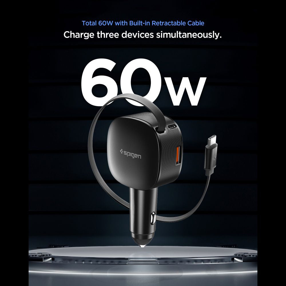 Auto punjač sa USB-C kablom Spigen EV603BT Essential, 60W, 3A, 1 x USB-A - 1 x USB-C, Crni